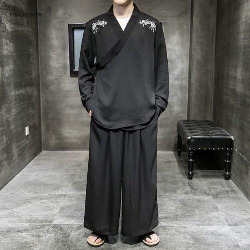 Kimono Japanese Traditional Pants Tops Sets Men Asian Clothing Bath T-shirt Shorts Male Japan Style Embroidered Yukata Trousers