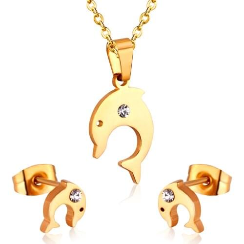 LUXUKISSKIDS Fish Crystal Gold Earring Necklace Wedding Dubai Jewelry Set Stainless Steel Bridal Jewellery Sets for Women Girls