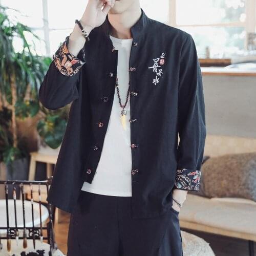 Chinese Tang suit mens long-sleeve shirt linen disc button clothes Chinese style retro loose shirts thin coat kung fu 5XL