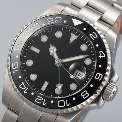 40MM Black Sterile Dial Sapphire Glass Ceramic Bezel Date Glass Case Back GMT Automatic Mens Wristwatch