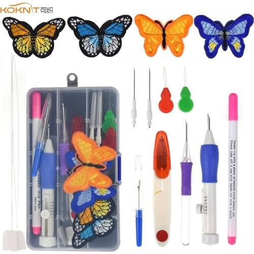 KOKNIT Butterfly Embroidered Patterns Punch Needle Kit Sewing Craft Tools Magic Embroidery Stitching Punch Needle Set With 4pcs
