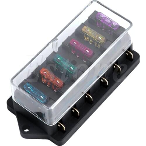 New 12V/24V Car 6 Way Circuit Standard ATO Blade Fuse Box Block Holder + 6 Fuses