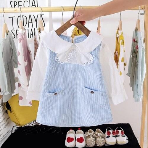 Autumn Casual Outfits Knee-Length Dress Cute Dress for Girls Girl Long Sleeve Stitching Fake Two-piece Dress Skirt Cotton