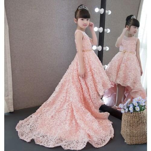 Girls Wedding Dress Lace Appliques Tulle Party Princess Birthday Dress Long Trailing First Communion Gown Flower Girl Dresses