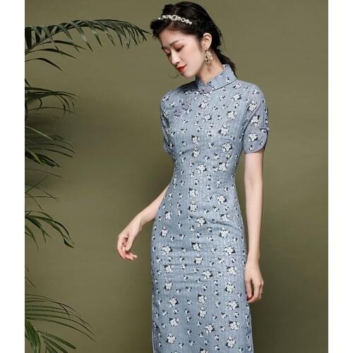 Dress Summer 2020 Young Girls Chinese Style Stand Collar Short Sleeved Slim Printed Split Improved Cheongsam Dresses S-XXL