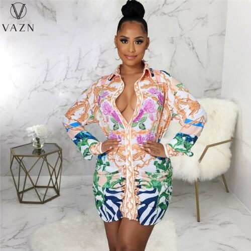 VAZN 2021 Autumn Chiffon Shirt Dress Retro Office Lady Young Full Sleeve Women Nature Straight Mini Dress