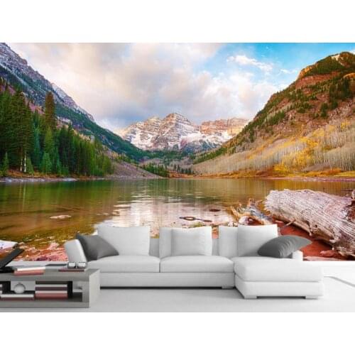 Custom Any Size Mural Wallpaper Chestnut Snow Mountain Lake Scenery North America Europe and America European Modern Wall
