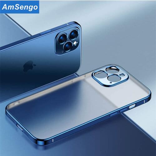 Luxury Plating Square Frame Matte Transparent Case for iPhone 11 12 Pro Max Mini XR X XS 7 8 Plus SE 2020 Soft Silicone Cover