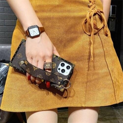 Luxury Square Wrist Strap Holder Phone Case For iPhone 12Pro MAX 11 XS MAX XR 7 8 Plus X Vintage Geometric Lattice Leather Cover