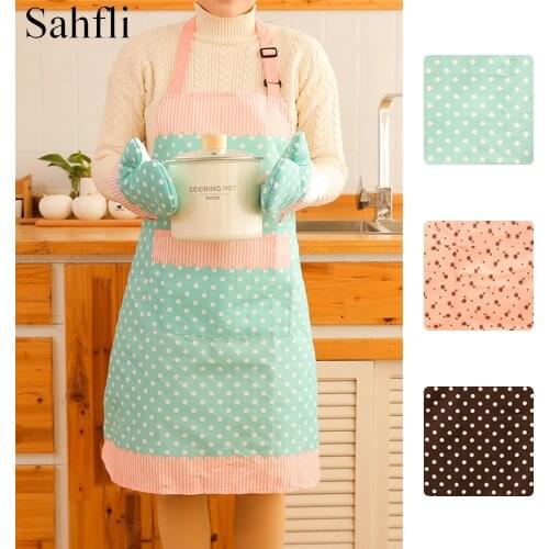 Cooking Chef Kitchen Home Restaurant Bib Aprons Dress with Pocket Adjustable Halter Cotton Mini Flowers Dots Sleeveless Apron