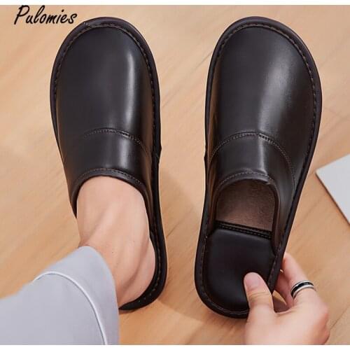Men Plush Slippers Warm PU Leather Indoor Slippers Living Room Female Couple Home Bedroom Floor Solid Concise Slides For Women