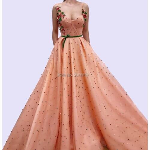 A-Line Sweetheart Orange Tulle Evening Dress Spaghetti Strap Applique Green Sash Formal Dress Full-Length Beaded Lady Dress