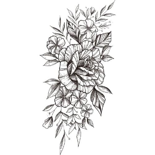 Waterproof Temporary Tattoo Sticker Black Plain Flower Rose Leaves Design Fake Tattoos Flash Tatoos Arm Body Art for Women Girl