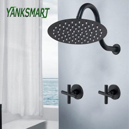 YANKSMART 8 Inch Black Round Wall Mounted Faucets Bathroom Rainfall Shower Faucet Dual Handles Cold & Hot Water Mixer Tap