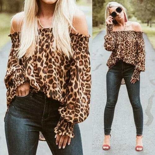Autumn Womens Ladies Off Shoulder Sexy Pattern Cool Leopard Long Sleeve Loose Blouse Off Shoulder Shirt Summer Tops Blouse