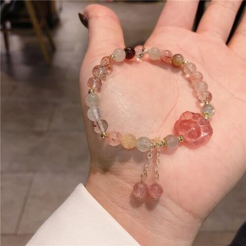 Cute Cat Paw Shape Multicolor Natural Strawberry Crystal Rutilated Quartz Beaded Bracelets for Women Fashion Jewelry 2021 YBR542
