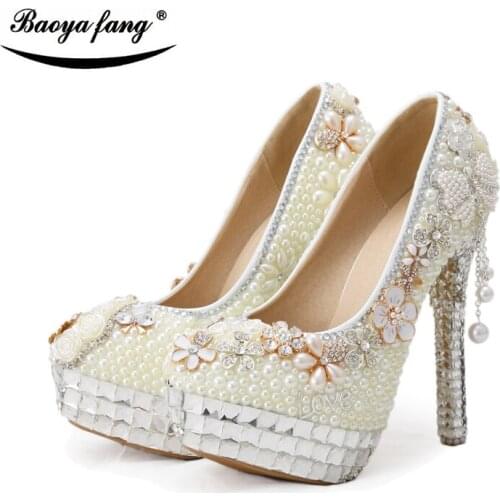 2017 Fashion Women Beaded Wedding shoes Bridal party dress shoes Beige pearl high heels platfomr shoes woman Pumps free