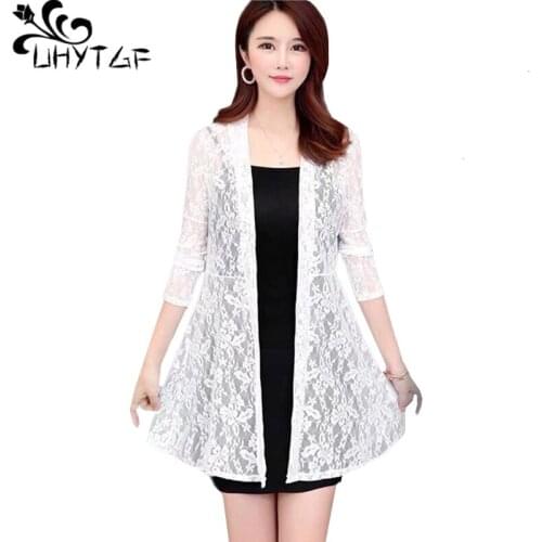 UHYTGF 5XL Plus Size Top Cardigan Women Fashion Lace Hollow Thin Jacket Female Long Sleeve Casual Summer Sunscreen Clothing 1429