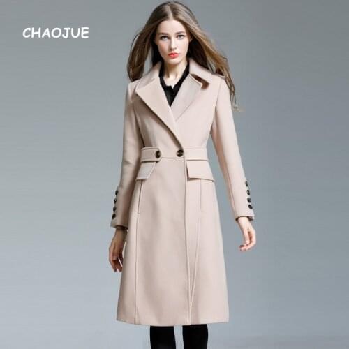 CHAOJUE Beige Woolen Coat Office Lady Slim Elegant Inimation Cashmere Coat Female Top Quality Extra Long Warm Winter Outwear