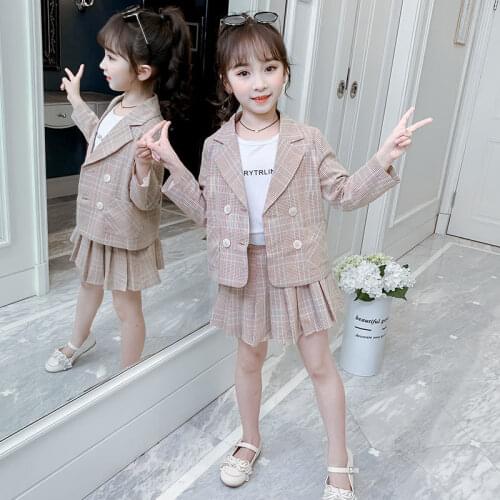 2021 Girls Spring Autumn Short Skirt Suit New Double Breasted Plaid Blazer Jacket Casual Childrens Clothing 4-16 Years Old