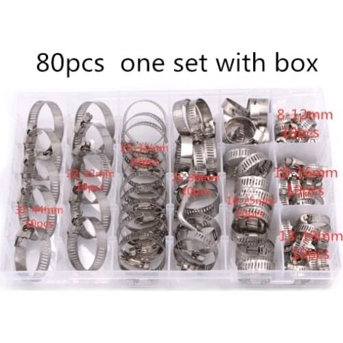 80PCS/Box 100pcs Multi Size 8mm-44mm Stainless Steel Hoop Clamp Hose Clamp Stainless Steel Set automotive pipes clip Fixed tool