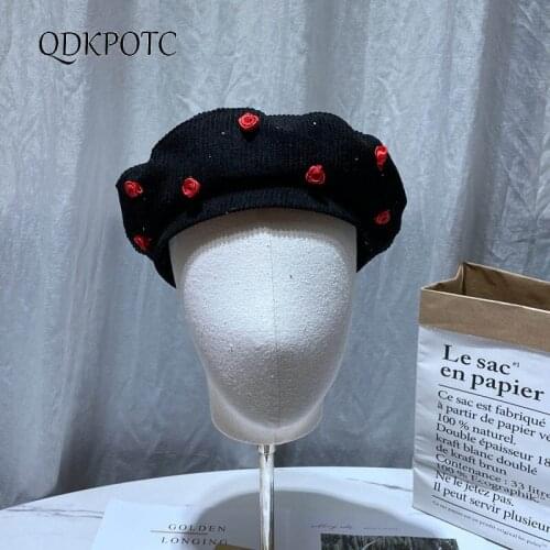 2021 Autumn Winter Hat New Women Corduroy Rose Flower Berets Fashion Elegant Outdoor Japanese Collapsible Painter Cap QDKPOTC