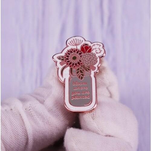 Bloom Where You Are Planted Enamel Pin Flowers Bouquet Brooch Mason Jar Badge Feminist Art Jewelry Gift