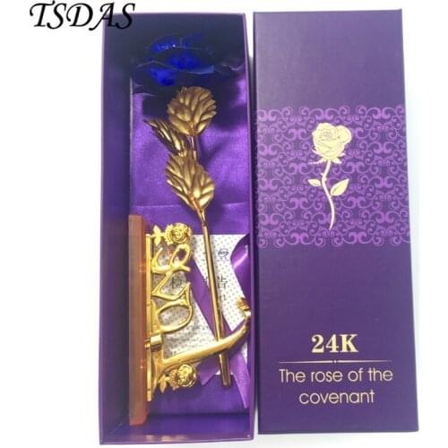 Decorative Blue Artificial Flowers Creative Birthday Gift Eternal Flower 24k Gold Foil Rose Home Furnishing