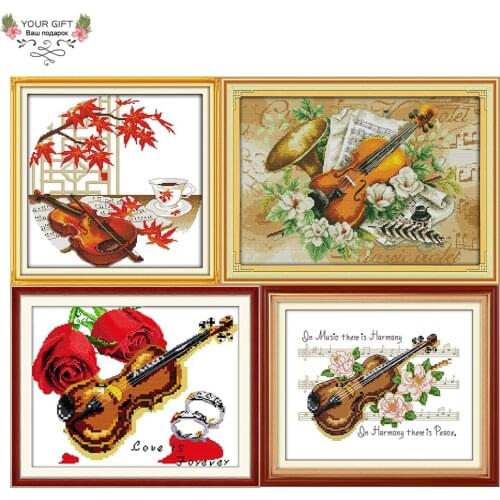 Joy Sunday J012 J012(2) J025 J131 14CT11CT Stamped and Counted Dinner Room Home Decor Flowers and Violin Cross Stitch