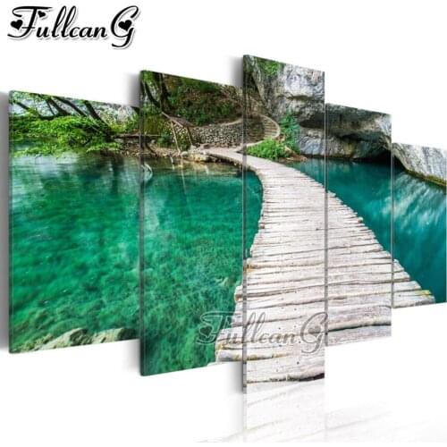 FULLCANG River wooden bridge scenery 5 piece diy diamond painting full square/round drill 5d mosaic embroidery landscape FC2274