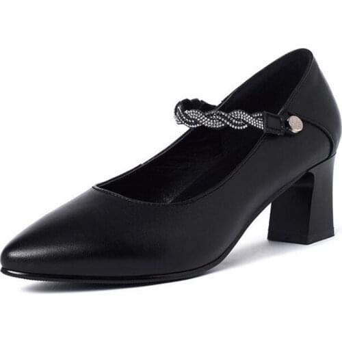 Best Sale 2020 New Women High Heel Shoes Spring Rhinestone Pointed Shoes Fashion Genuine Leather Shoes Elegant Charm Work Shoes