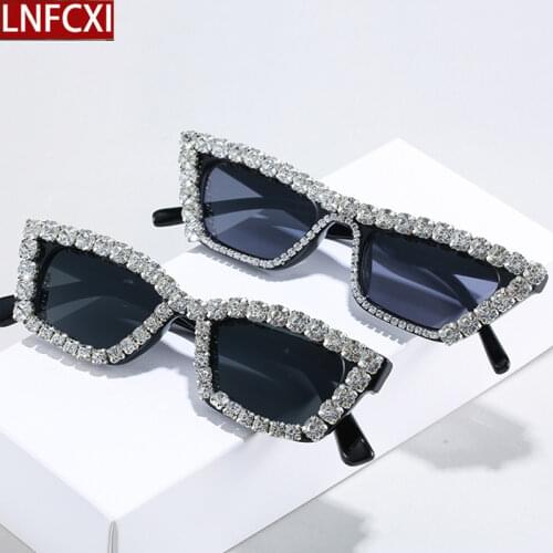 LNFCXI Fashion Small Cat Eye Luxury Rhinestones Women Sunglasses Vintage Square Diamond Eyewear Black Men Sun Glasses Shades