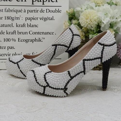 LoveinCrystal White Peal Bridal Wedding Shoes Womens Round Toe Party Dress Shoes Ladies High Pumps Thin Heels 8cm