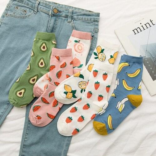 Korean Style Cartoon Fruit Womens Socks Long Crew Socks Cotton Multicolors Elastic 1Pairs Street Socks Special for Summer