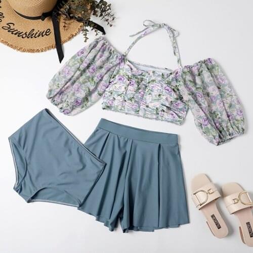 2021 New Women Swim Short Sleeve Bikini Set Print Swimwear Bathing Suit Swimming Beach Wear Sexy Halter Ladies Swimsuit Biquinis