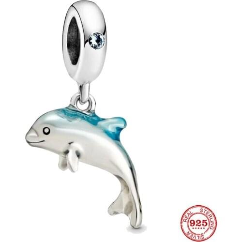 New 925 Sterling Silver Miniture Shimmering Dolphin Dangle Charm Beads Fit Original Pandora Silver Charm Bracelet Necklace Jewel