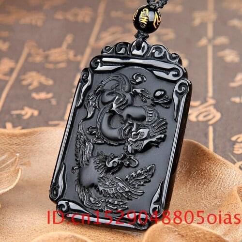 Natural Black Obsidian Beads Necklace Hand-Carved Dragon Phoenix Jade Pendant Fashion Charm Jewelry Auspicious Amulet Gifts