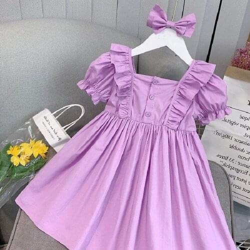 2PCS Baby Girl Princess Dress Summer 2020 Korean Puff Sleeve Purple Wearing With Bow Clothing