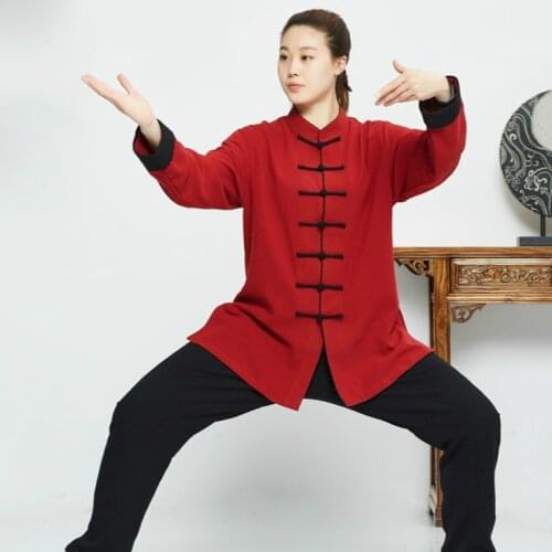 Thick Linen Tai Chi Uniform Kung Fu Martial Art Wear Unisex Shirt And Pant Chinese Traditional Clothes Red Black White Color