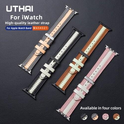 Genuine Leather Watchband for Apple Watch 6 SE 5 4 3 2 44mm 40mm Fluorescence Watch Band for iwatch series 38mm 42mm UTHAI A6