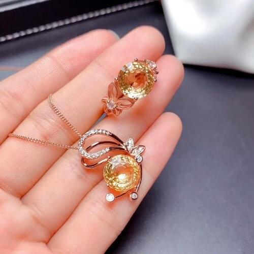 Luxurious grace Butterfly flies Natural yellow crystal Pendant ring Natural citrine Jewelry Set S925 Silver Women gift jewelry