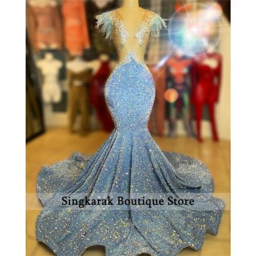 Pink Sparkling Mermaid Prom Dresses 2021 For Black Girls High Split Sequined Backless Party Gowns Plus Size Prom Gowns