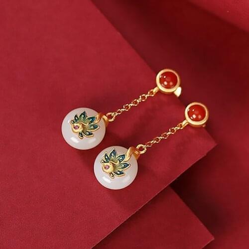 Ancient gold craftsmanship inlaid natural Hetian jade round earrings temperament retro style ladies jewelry wedding accessories