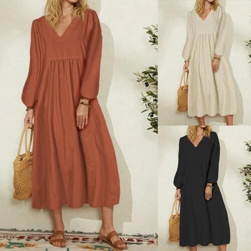 Spring Autumn Womens Dresses Long Sleeve V-Neck Patchwork Cotton Linen Solid Casual Loose Dress Female Vestidos 2021
