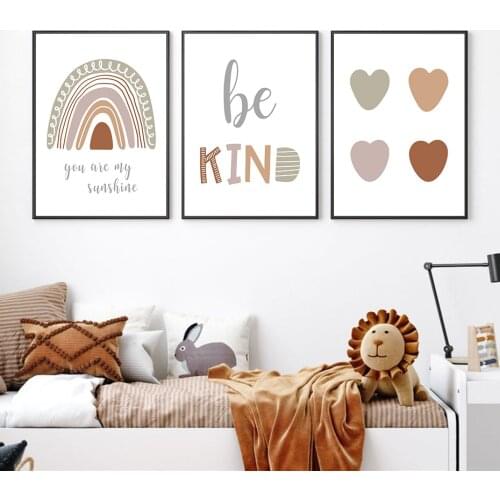 Sweet Heart Rainbow Be Kind Quote Pictures Poster Nursery Wall Art Canvas Print Paintings for Baby Child Room Home Decoration