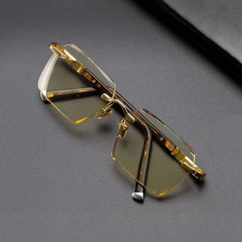 Glass Rimless Polarized Sunglasses Women Men Crystal Stone Lens Sun Glasses Vintage Yellow Lens Sunglass Man UV400 Oculos De Sol