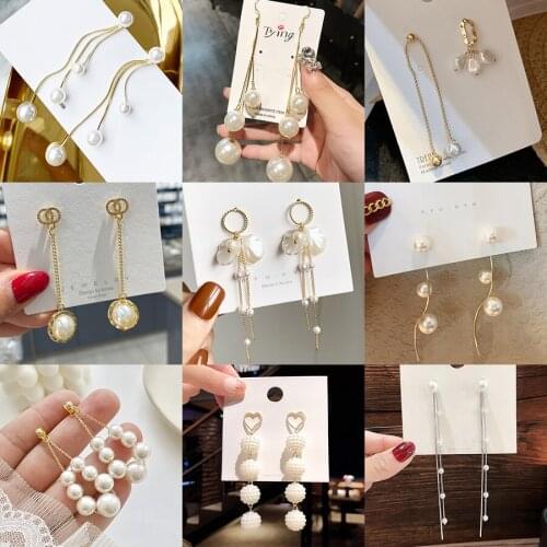 Tassel Simulated Pearl Drop Earrings for women Fashion Lon girl Rhinestone exquisite Snake Chain Pendant Earring Brincos Bijoux