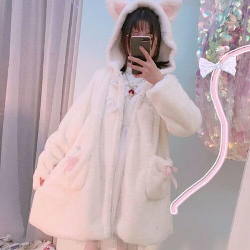 Japanese Sweet Soft Sister Cute Coat Kawaii Fleece Warm Plush Cartoon Anime Jackets Winter Rabbit Ears Hooded Lolita Teddy Coat