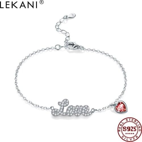 LEKANI 925 Sterling Silver Bracelet For Women Letter Amor Pink Austria Crystal Heart Charm Bracelets Fine Jewelry New Arrival