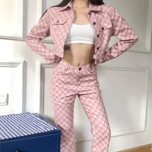 Cutistion 2021 Spring/autumn Fashion Streetwear Plaid Polo-neck Shirt Sleeve Flare Pants Full Length Slim Pant Suits for Women